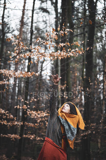 Красива сильна азіатська жінка танцюрист досягає золотого листя восени — стокове фото