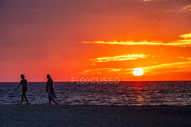 Jovem casal caminhando ao longo da praia ao pôr do sol — Fotografia de Stock