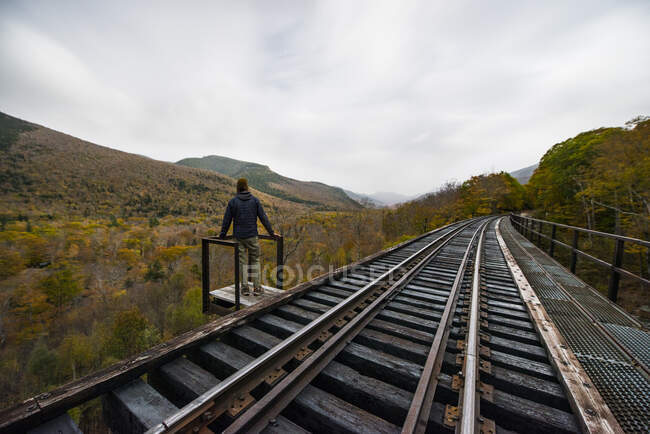 Abandonné Railroad Trestle haut au-dessus de la forêt d'automne de Nouvelle-Angleterre — Photo de stock