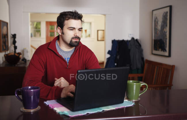 Homem trabalhando no computador portátil a partir de casa — Fotografia de Stock