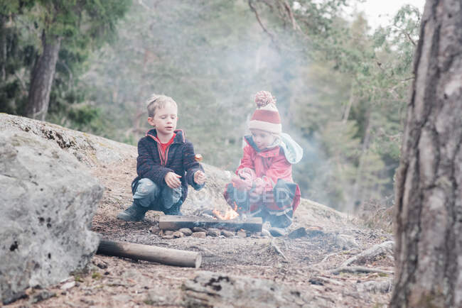 Frère et soeur assis cuisson guimauves sur un feu de camp en Suède — Photo de stock
