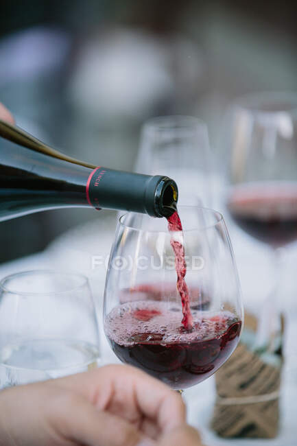 Vino rosso versato in gladd dalla bottiglia — Foto stock