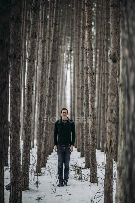 Jovem homem fica alto entre floresta de pinheiros coberta de neve no Maine — Fotografia de Stock