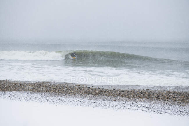 Hombre surfeando durante la nieve de invierno - foto de stock