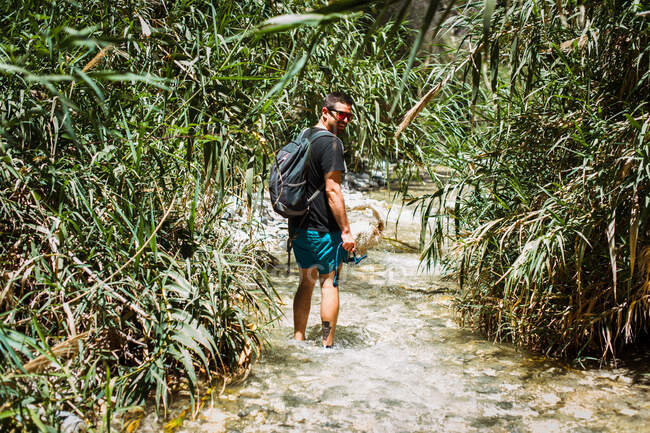 Giovane uomo escursioni lungo il fiume circondato da piante verdi in estate — Foto stock