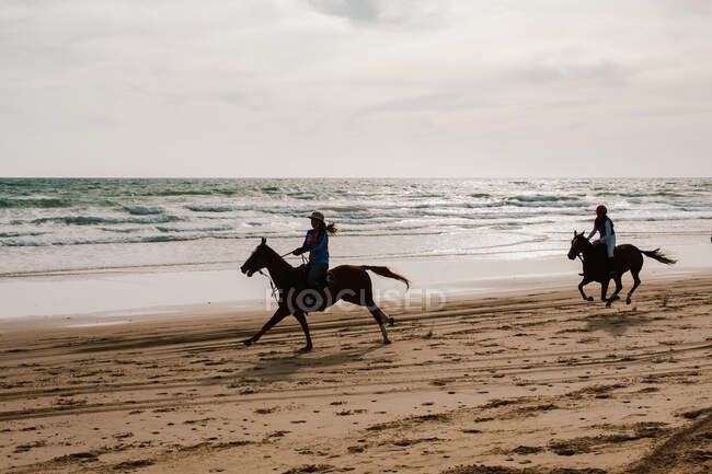 Dos jinetes corriendo caballos andaluces retroiluminados por la playa - foto de stock