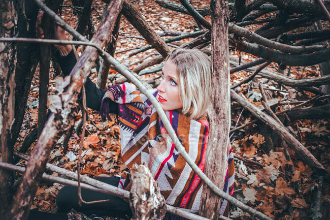 Retrato chica con pelo rubio y ojos azules en medio de ramas en una madera - foto de stock