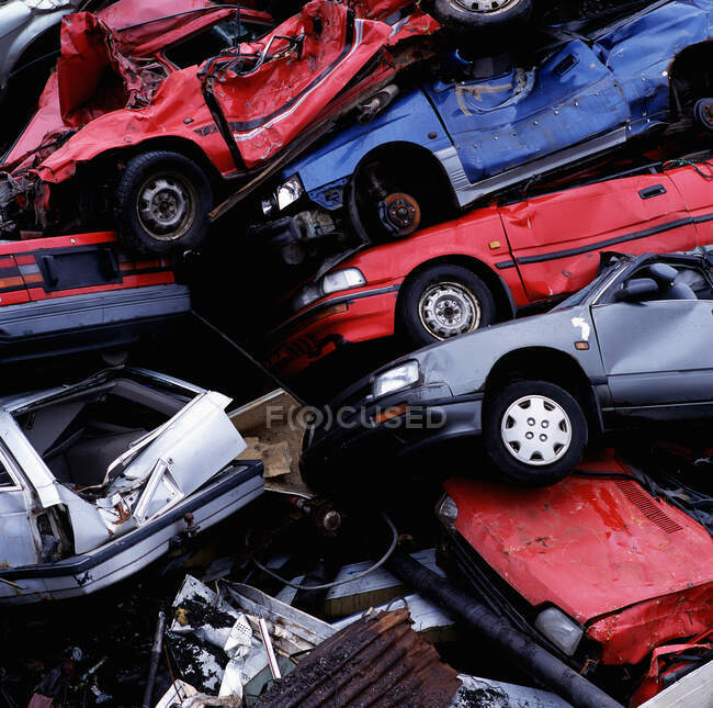 Pile of wrecked cars at a junk yard in Reykjavik / Iceland — Stock Photo