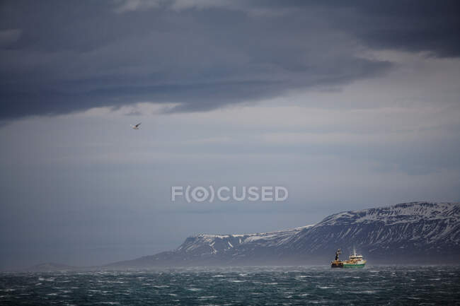 Peschereccio con reti da traino in caso di maltempo della costa islandese — Foto stock