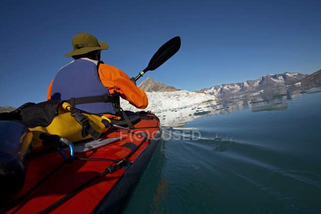 Людина подорожує морем-каяком, хоча фіорди східної Ґренландії — стокове фото