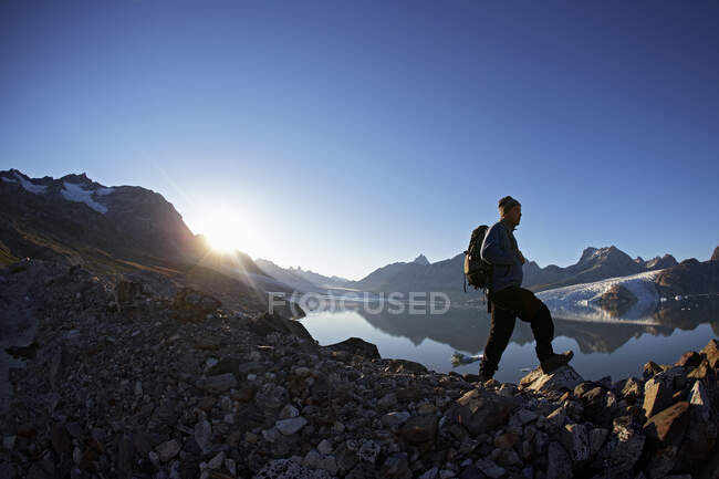 Homem caminhando em um fiorde no leste da Groenlândia — Fotografia de Stock