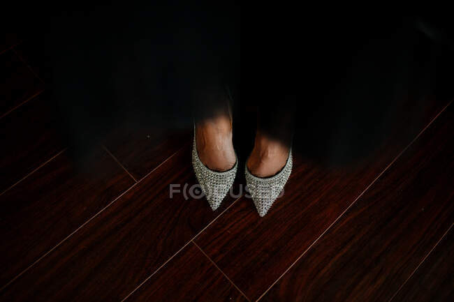 Divertidos zapatos de punta fina de diamantes de imitación plateados brillantes vistos desde arriba - foto de stock