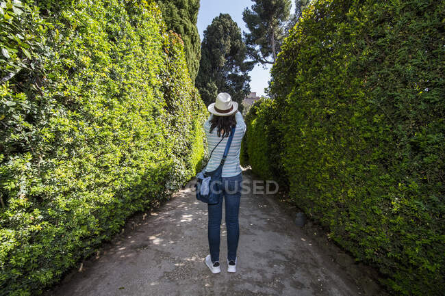 Задний вид женщины, фотографирующей в итальянском саду — стоковое фото