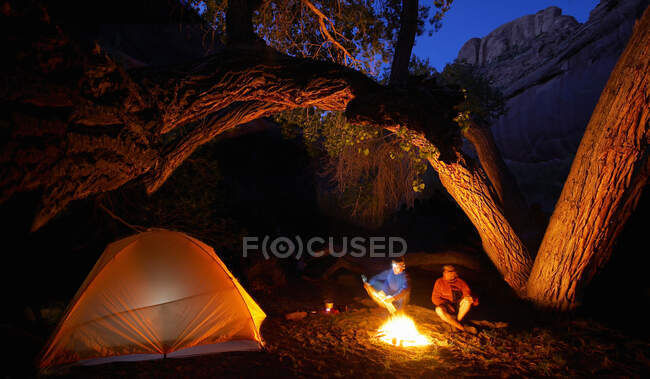 Amigos estão acampando sob uma árvore no parque nacional de Escalante — Fotografia de Stock