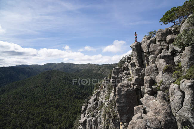 Uma mulher em pé em uma formação de rocha alta observando a paisagem — Fotografia de Stock