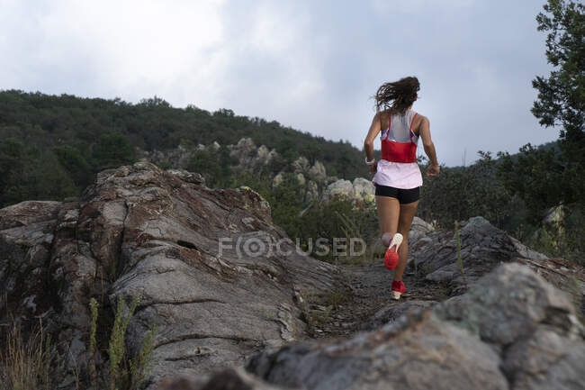 Una mujer vista desde atrás corriendo por un sendero - foto de stock