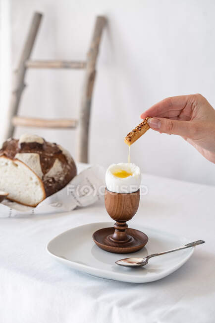 Una mano empapa una galleta en la yema de un huevo cocido roto en un soporte de madera sobre una mesa con un mantel blanco y pan en el fondo - foto de stock