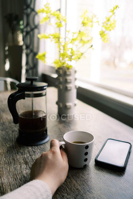 Frühjahrsblüher und Kaffee zu Hause während der Coronavirus-Quarantäne. — Stockfoto