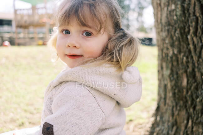 Portrait of a toddler girl with pig tails. — Stock Photo