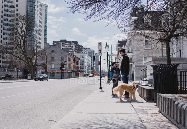 Отец и сын с собакой стоят на тротуаре тихой городской улицы. — стоковое фото