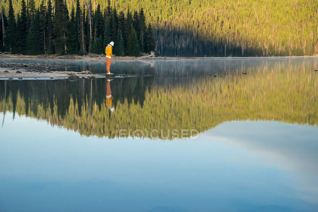 Young woman looking at reflection of trees in lake — Stock Photo