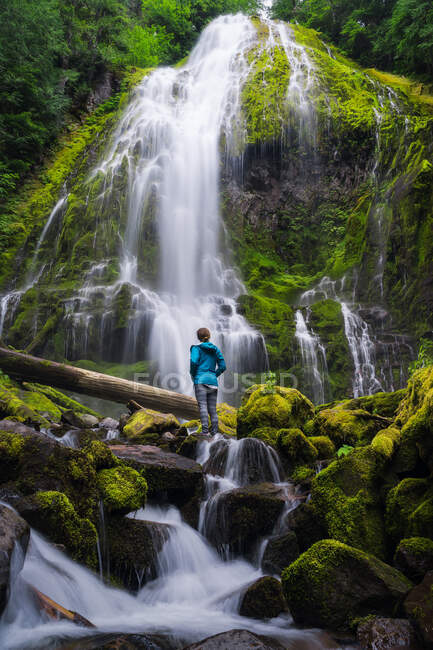 Giovane donna guardando verso l'alto a cascata enorme nella foresta — Foto stock
