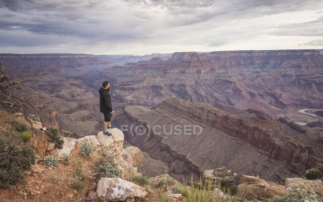 Человек наблюдает за великим каньоном с высоты птичьего полета — стоковое фото
