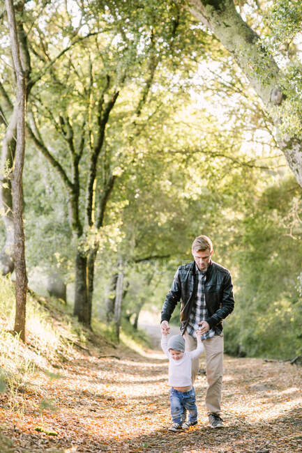Toddler boy and young father walking on a hiking trail holding hands — Stock Photo