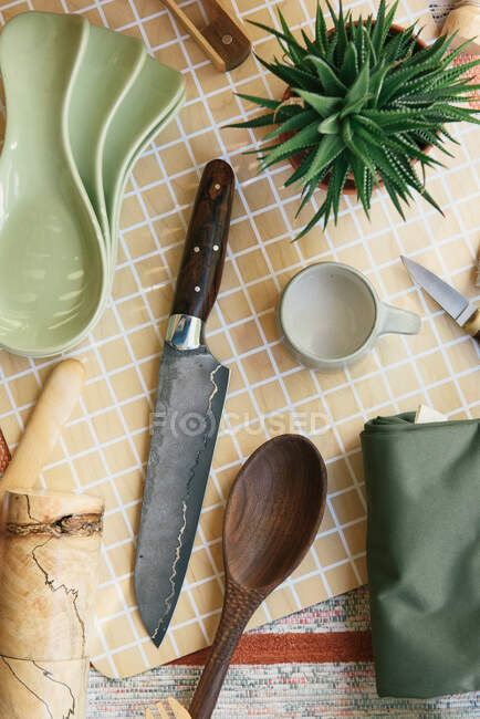 Kitchen and cooking supplies from overhead at store — Stock Photo