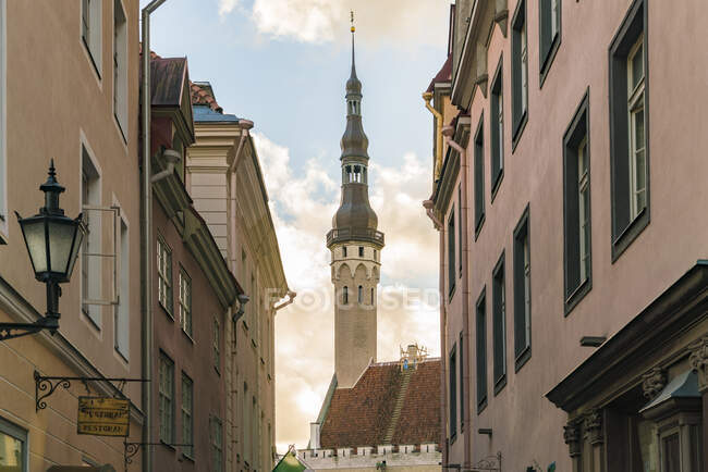 Rue dans la vieille ville avec la tour de la mairie de Tallin en arrière-plan au coucher du soleil — Photo de stock