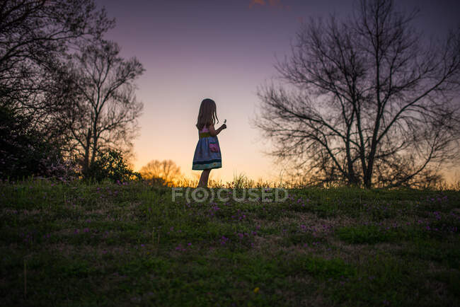 Petite fille tenant silohette fleur cheveux longs été soir coucher de soleil — Photo de stock