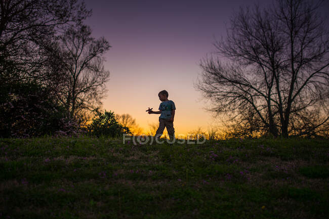 Маленький хлопчик грає в літаку силоет літній захід сонця фіолетовий жовтий — стокове фото
