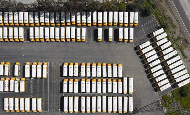 A huge parking lot of orange school buses in San Diego — Stock Photo