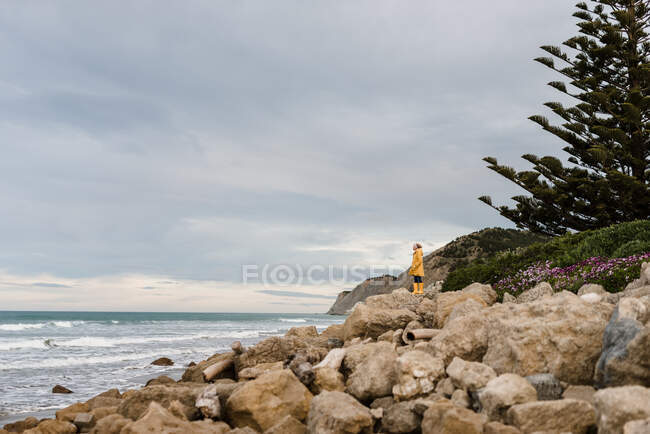 Молодая женщина на каменном побережье — стоковое фото