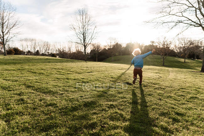 Вид ззаду маленького хлопчика, що біжить на лузі — стокове фото