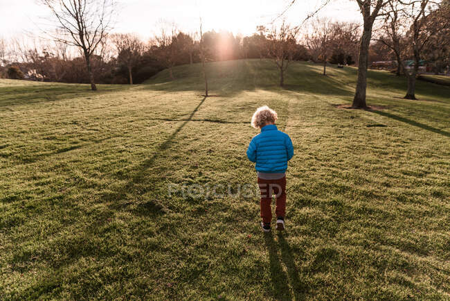 Rückansicht eines kleinen Jungen, der auf der Wiese rennt — Stockfoto