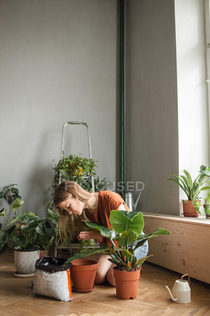 Femme verse la terre dans le pot à genoux entouré de plantes à la maison — Photo de stock