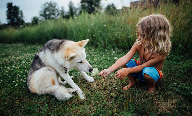 Petit garçon aux cheveux longs sentant les fleurs dans un champ avec un chien — Photo de stock