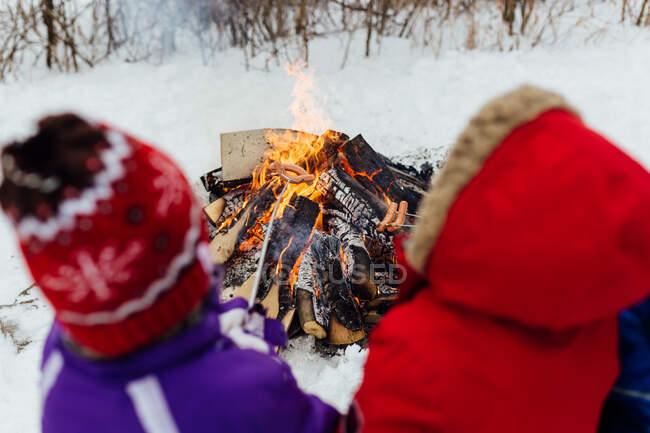 2 niños acampando en invierno brindando perros calientes sobre fogata - foto de stock