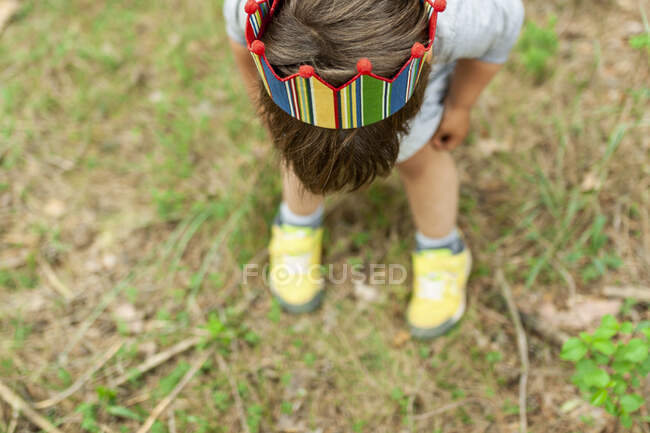 Boy with a crown top view in the forest — Stock Photo