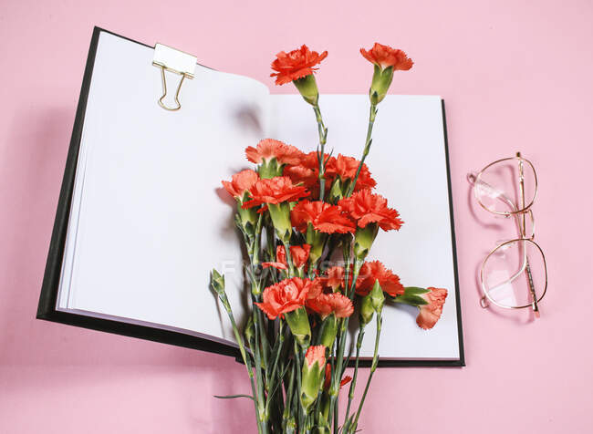 Fleurs sur fond rose avec accessoires — Photo de stock