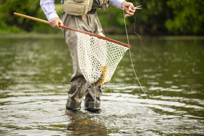 Pescador con caña de pescar en el estanque - foto de stock