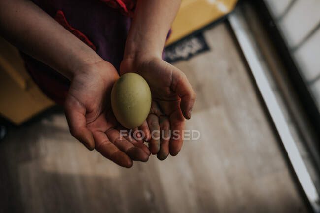 Overhead of young girl holding a dyed chicken egg — Stock Photo