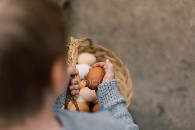 Kleiner Junge hält einen Korb mit frischen Eiern. — Stockfoto