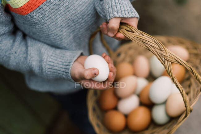 Primer plano de las manos con huevos de pollo en la mano - foto de stock