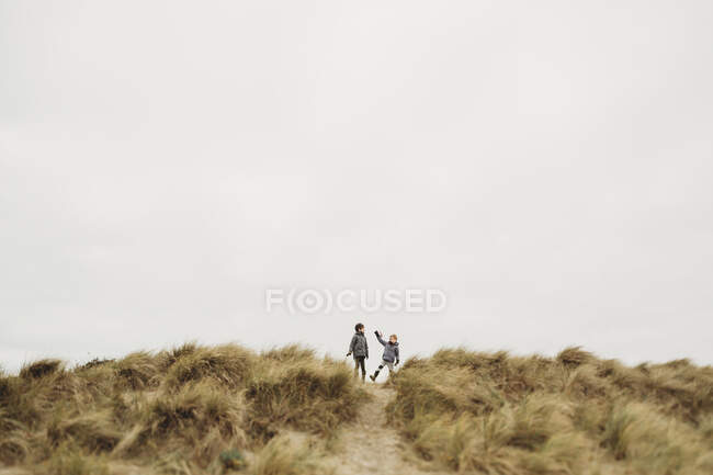 Два мальчика стоят на вершине песчаной дюны — стоковое фото