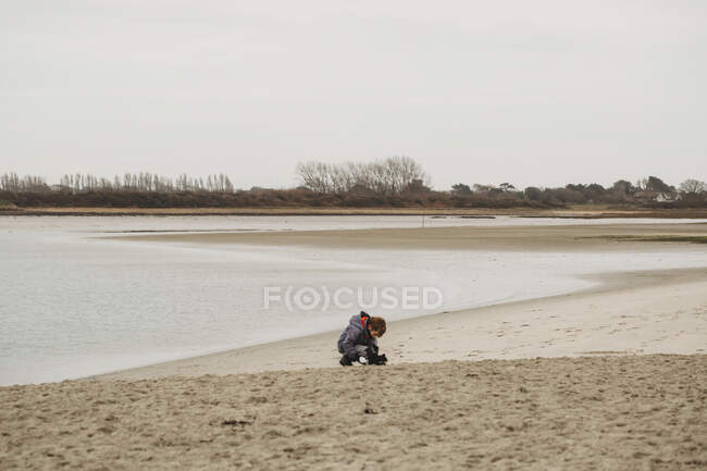 Lindo chico en la playa de arena arrodillándose para estudiar los hallazgos - foto de stock