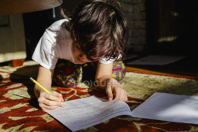 A boy lays in a rug in a bright patch of light doing homework — Stock Photo