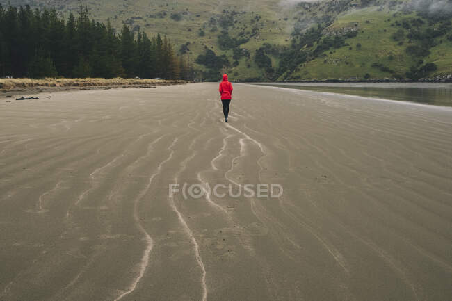 Jovem mulher vestindo jaqueta vermelha na praia de Okains Bay, Banks Peninsula, NZ — Fotografia de Stock