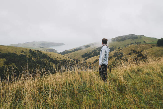 Frau im blauen Hemd blickt auf die Landschaft, Banks Peninsula, Neuseeland — Stockfoto
